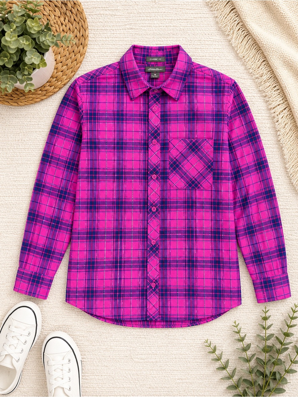 Eddie Bauer Pink Plaid Button Up Shirt M
